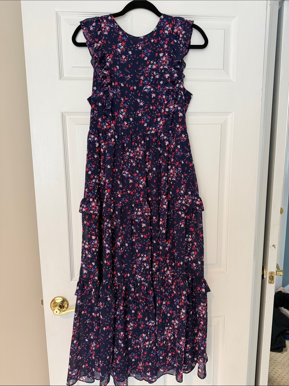 J. Crew Navy Floral Ruffle Tiered Maxi Dress with Pink & White Accents